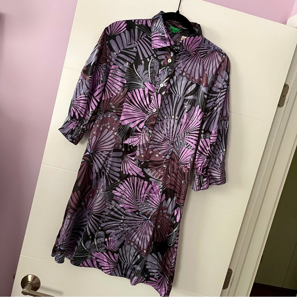 BENETTON purple print dress—cool botanical print silky tunic medium women’s